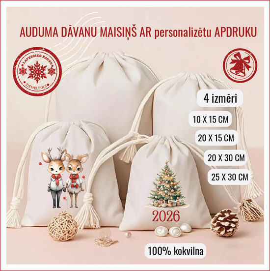 Kokvilnas auduma dāvanu maiss ZIEMASSVĒTKI 1